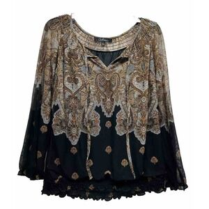 Caleaas Womens Size L Brown Long Sleeve Boho Paisley Blouse Top (S2)